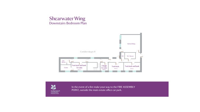 The ground floor plan for Shearwater Group House, showing corridor, open plan kitchen and dining room, four bedrooms (two of which are en-suite), two shower rooms, toilet and stairs to first floor.